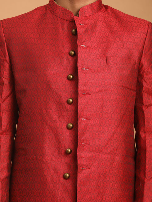 Vastramay Men's Maroon Silk Blend Sherwani With Rose Gold Kurta Pant Set